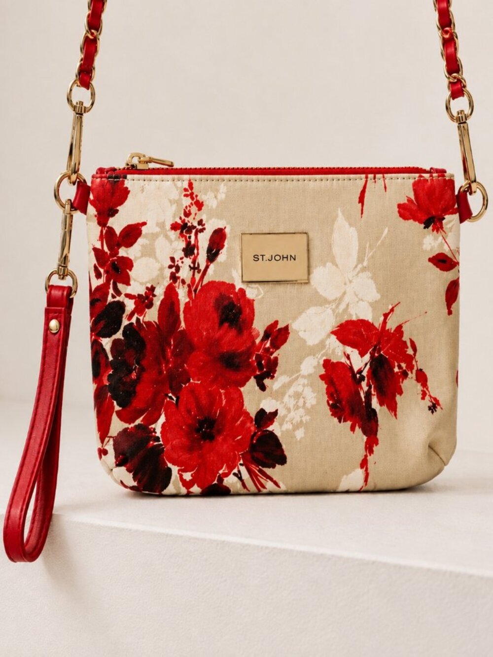 St. John Convertible Red Poppy Floral Crossbody Bag Wristlet Clutch